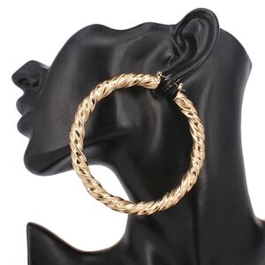 Twisted Gold Metal 3.2" Hoop Earrings Thick Textured Casual Everyday Jewelry